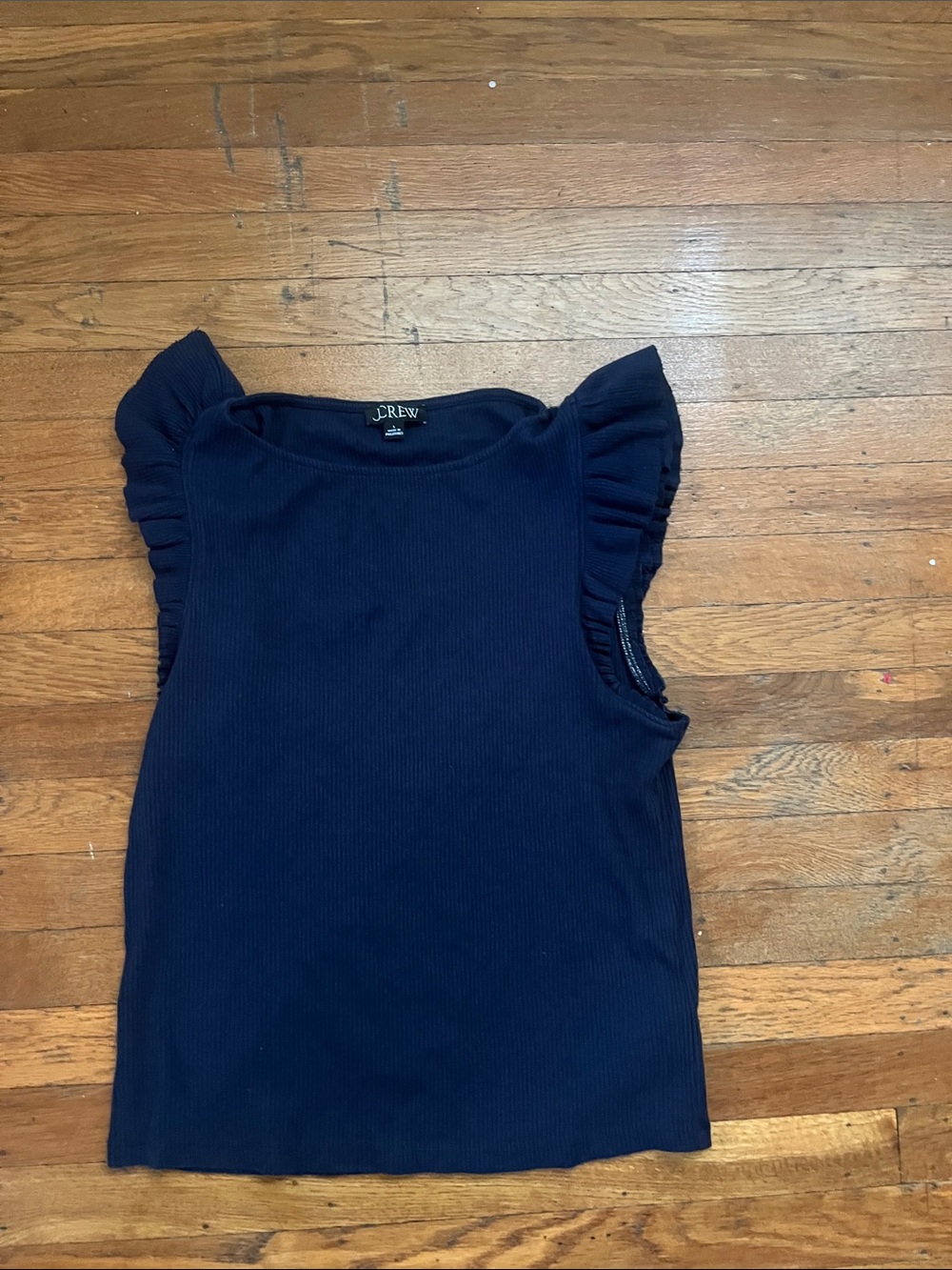 J. Crew Navy Ribbed Tank with Ruffle Cap Sleeves